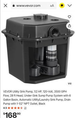 VEVOR Utility Sink Pump, 1/2 HP, 120-Volt, 3500 GPH Flow, 28 ft Head, Under-Sink Sump Pump System with 6 Gallon Basin, Automatic Utility/Laundry Sink 