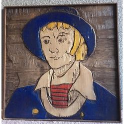 Jean-Claude Gaugy Original Carved Wood Relief Boy in Blue '72 Folk Art Sculpturd