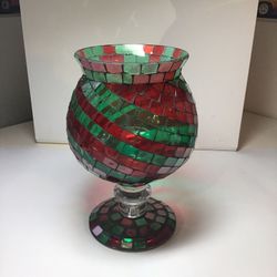 Vintage Red Green Holiday Stained Glass Tile Mosaic Hurricane Holder