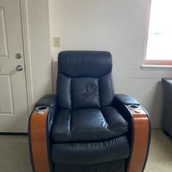 Reclining Chair Black Leather And Wood 