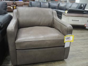 Taupe Leather Sloped-Arm Swivel Accent Chair