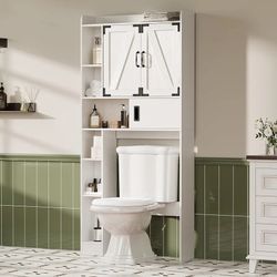ChooChoo Over The Toilet Storage Cabinet, Farmhouse Bathroom Storage Cabinet with Sliding Door, Over Toilet Storage with Adjustable Shelves, Space-Sav