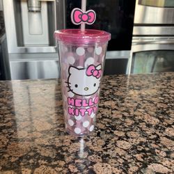 Hello Kitty sanrio Polka Dot Plastic Tumbler With Pink Bow Straw 24 oz New