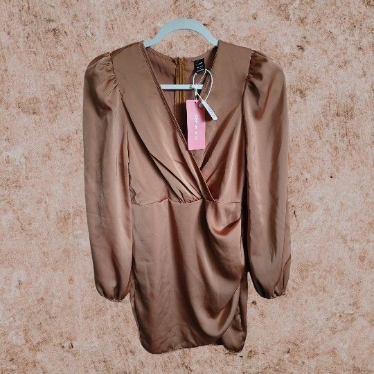 Shein Belle Bronze Toned Womens Wrap V Neck Ruffle Mini Short Dress (New)