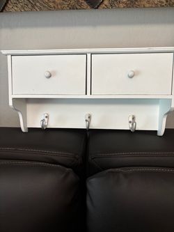 White Wood Wall Shelf with Drawers and Hooks