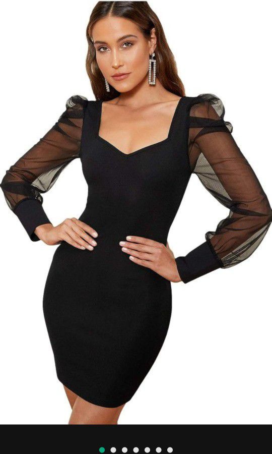 Women Elegant Sheer Stretch Bodycon Mini Black Dress