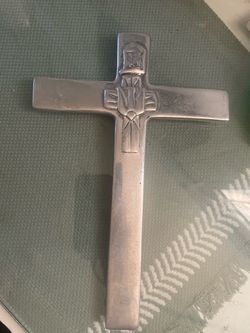 Silver Metal Religious Cross with Figure Relief