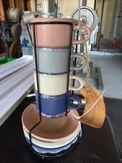 Stackable espresso cups and plates with rack - arrow and feather