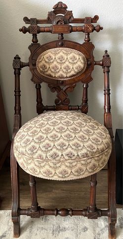 Antique German Accent Chair - Intricate Carved Wood & Upholstery