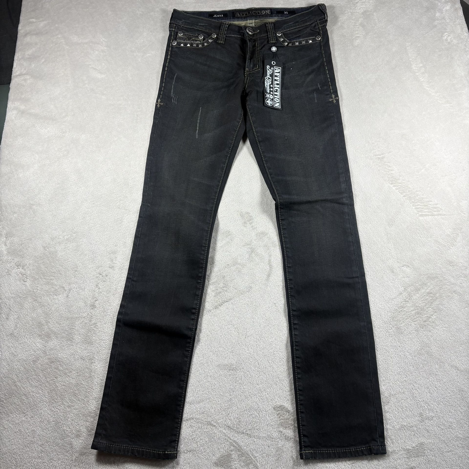 Affliction Jenna Modern 3D Jeans Women’s Size 30 Black Chrome Grunge NWT #3D