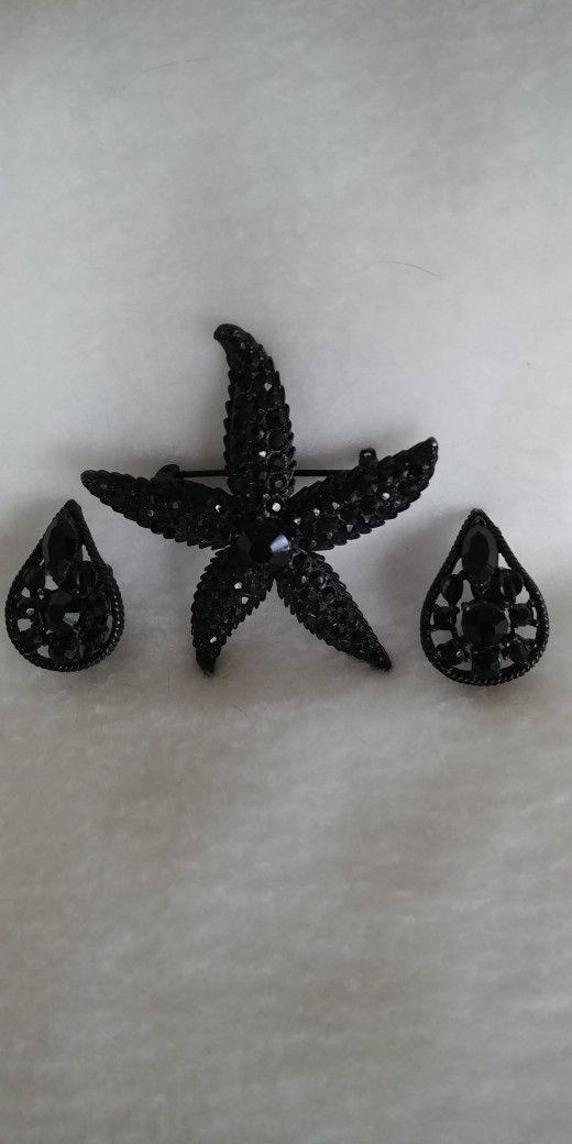 WEISS c1960 SET Starfish Black Rhinestone Brooch w/Teardrop CLIP Earrings VINTAGE