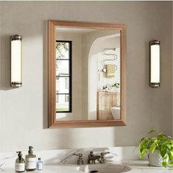 New 24x30 Inch Bathroom Mirror for Wall, Anti-Rust Walnut Wood Grain Metal Framed Bathroom Mirrors