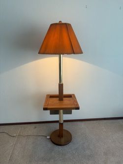 Vintage Wooden Floor Lamp with Pleated Shade & Tray
