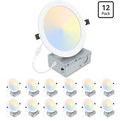 12 Pack 8 Inch LED Recessed Lighting with Junction Box Ultra-Thin, 3000K/4500K/6000K Selectable, 8" Dimmable Canless LED Downlight, 1800LM CRI80 High