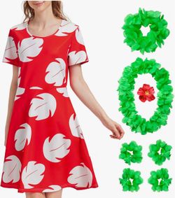 Women  size Large Lilo Costume Set with Red Leaf Print Dress and Green