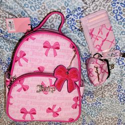 New Pink Juicy Couture Backpack Set w/ Wallet + Coin Purse Pouch NWT Ribbon Bow
