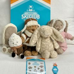 World Exclusive Authentic Ski Club JellyCat Bear, Bunny, Mitten, Hot Chocolate 