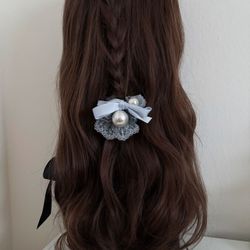 Small size gray with light blue ribbon hair tie
