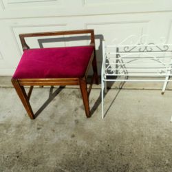 Antique OTTOMAN Upholstered - Vintage Wooden Red Brown Chair -Wire Rack Metal Shelf Patio Garden 