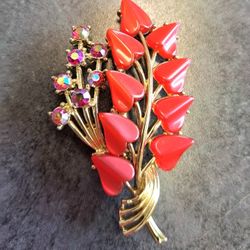 Vintage Red Thermoset Leaf And Rhinestone Brooch