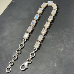 Handmade 925 Sterling Silver Rainbow Moonstone Bracelet 8.2” Adjustable 