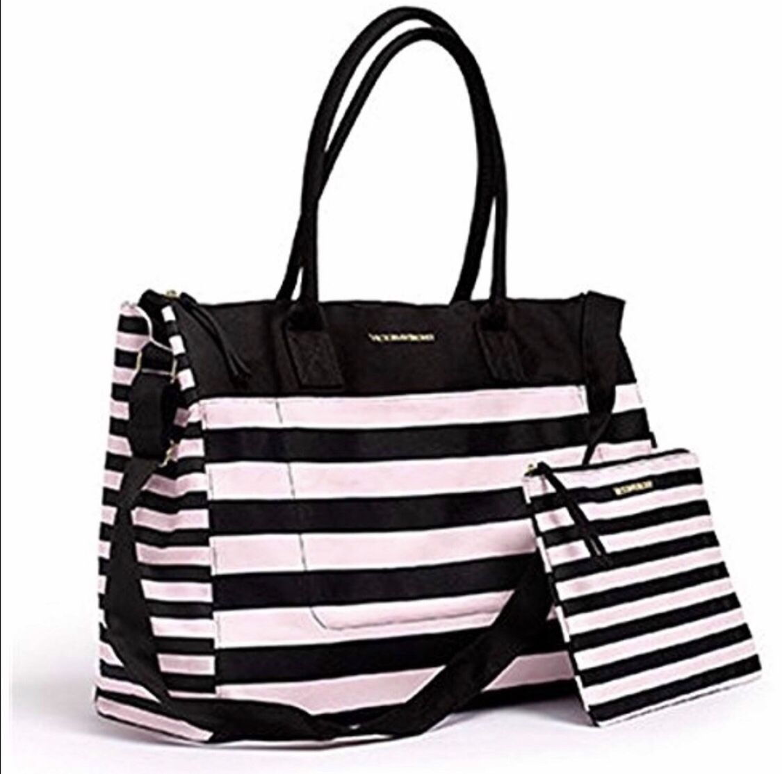 VS Weekender Travel Tote bag& Cosmetic Pink stripe original price 99$