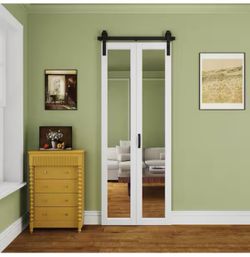 White primer one-grid mirror folding barn door-36