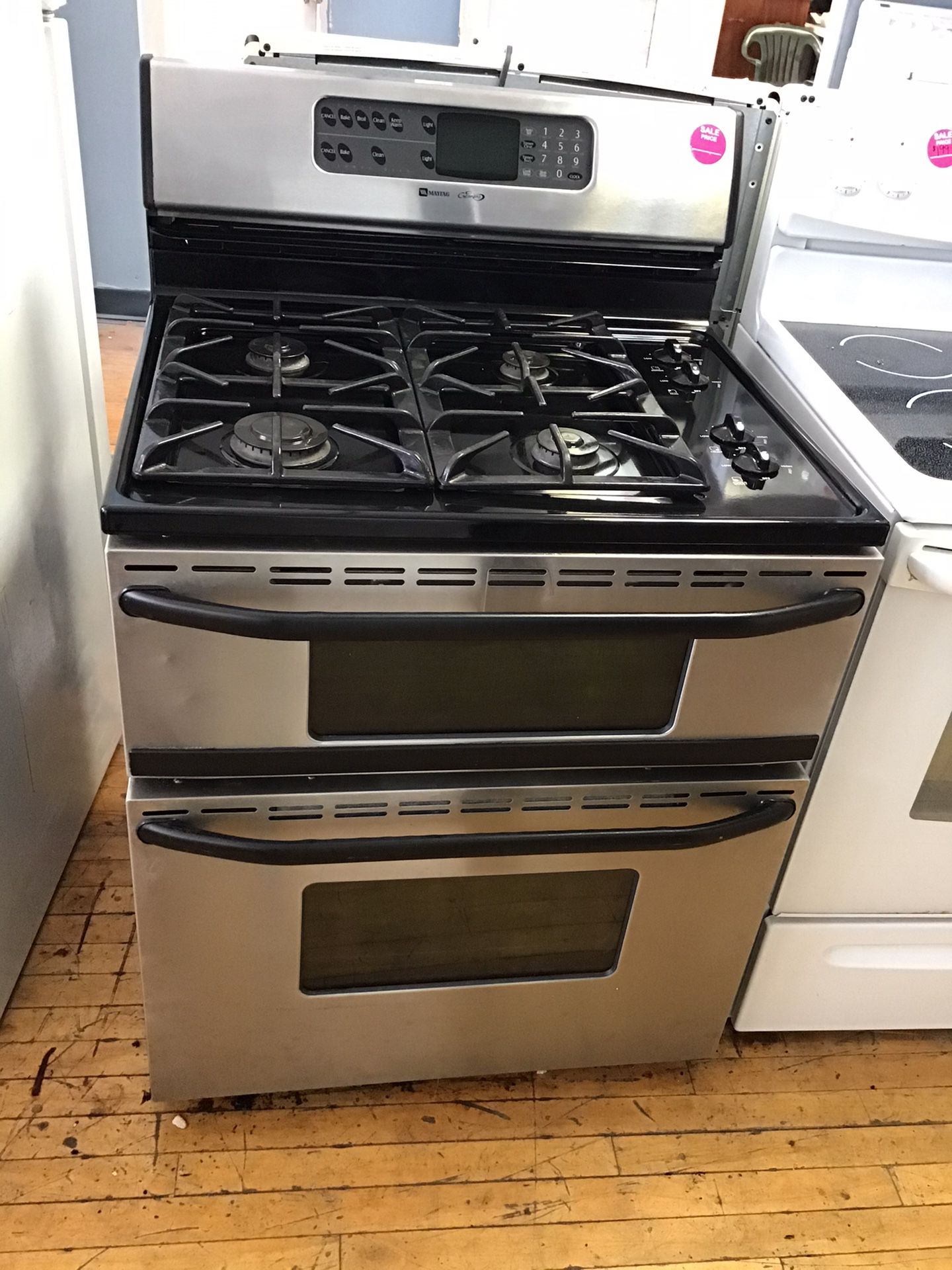 Maytag 4 burner stainless double oven gas stove