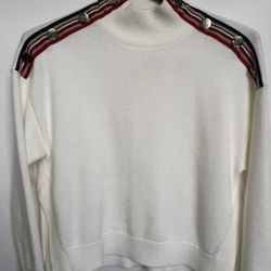 Tommy Hilfiger Women’s Mock Neck Sweater Size S – White Knit Pullover, Button Shoulder Trim, Stripe Detail 