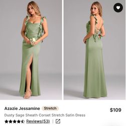 Azazie Jessamine Stretch Satin Dress – Dusty Sage – Size A8