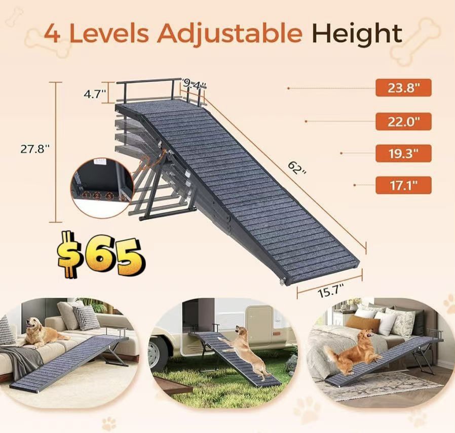 😀 Dog Ramp, 62.0" Long Foldable Pet Ramp with Non Slip Mat & Safety Rails, 4 Heights Adjustable from 17.1" to 23.8", Portable Paw Ramp