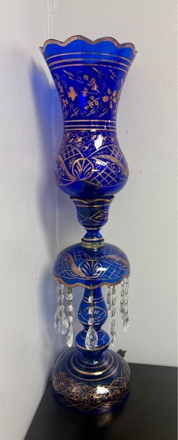 Title: Moroccan Blue & Gold Decorative Lamp with Hanging Crystals – $35