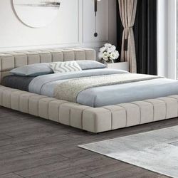 ~Contemporary Low-Profile Queen Bed Upholstered in Soft Taupe Fabric~ 