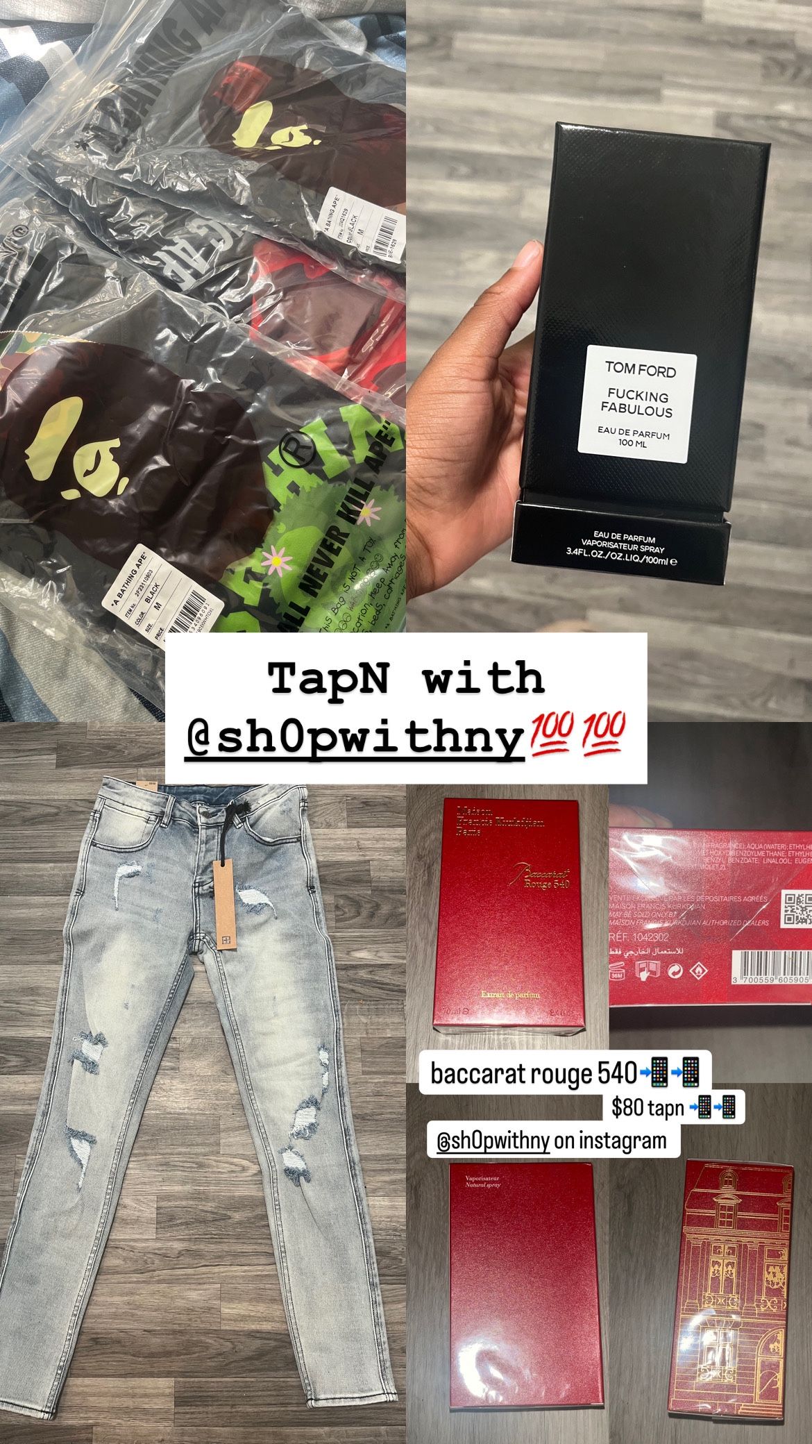 6pcs bundle!! Bape shirts, ksubi jeans, Baccarat rouge 540, And tom ford!
