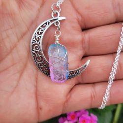 Aura Quartz Crescent Moon Necklace 