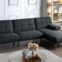 Brand New Black Futon Sofa Sleeper + Chaise Lounge