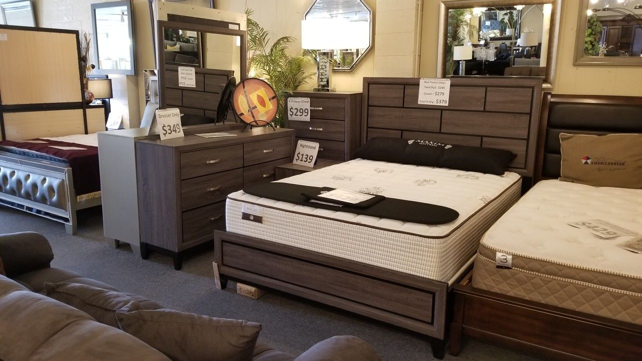 Brand New Gray Or White Queen Bedframe + Dresser + Mirror + Nightstand + 12" Thick Soft Innerspring Queen Mattress + Box Spring