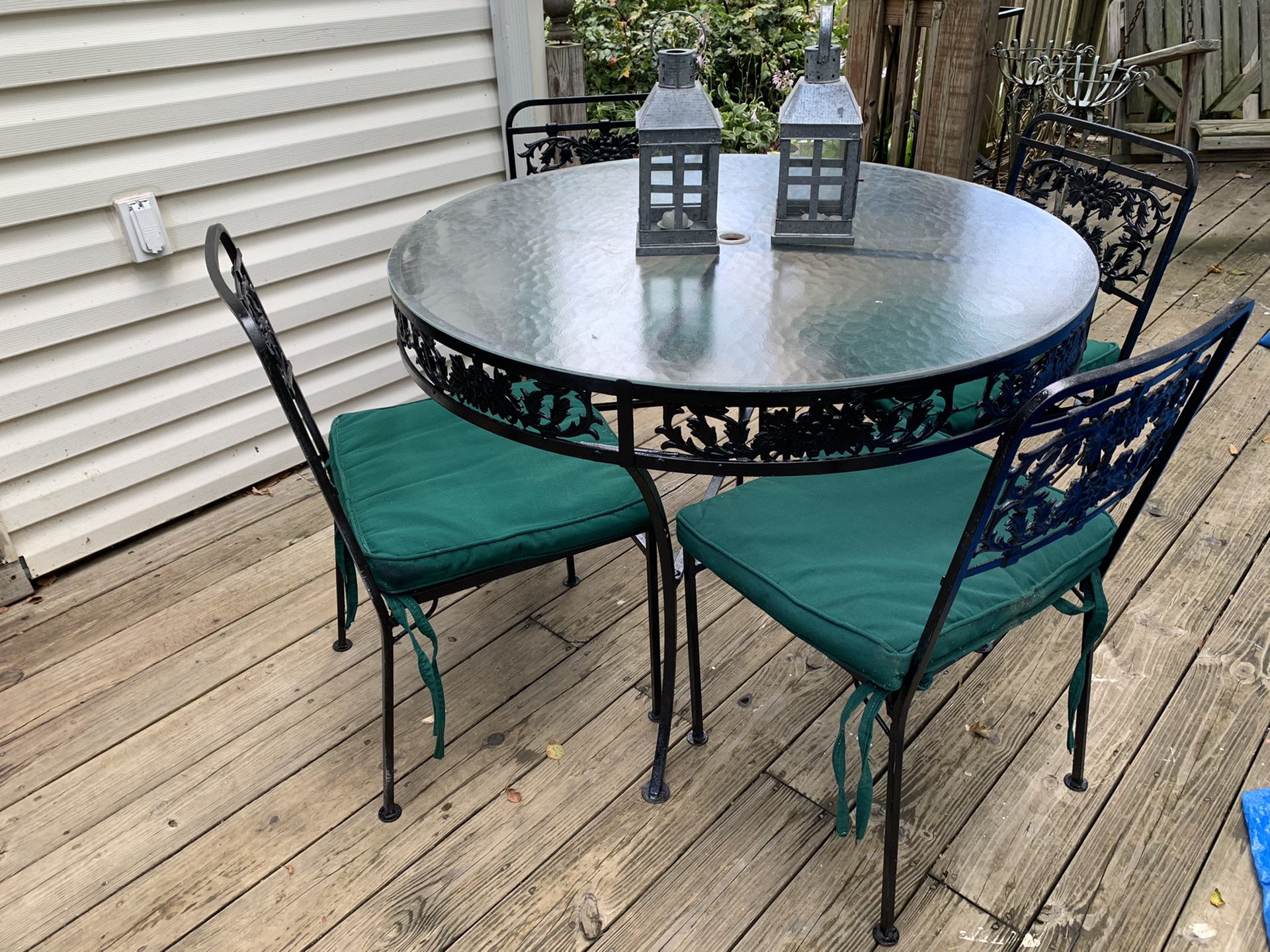 Freshly Vintage Painted Cast Iron set with glass Top Table.