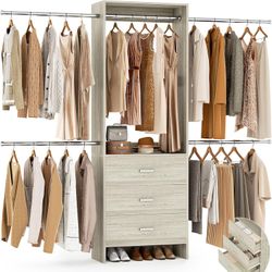 Closet System, 4.2-9Ft Closet Organizer with with 4 Rods, White Oak for Walk in Closet, Wardrobe Clothes Rack with 4 Hanging Rods, Garment Rack