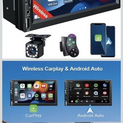 Wireless Double Din Car Stereo Works with Apple Carplay, 7 Inch HD 1024 * 600 Touchscreen with Bluetooth 5.1,FM Car Radio, GPS Navigation,Backup Camer