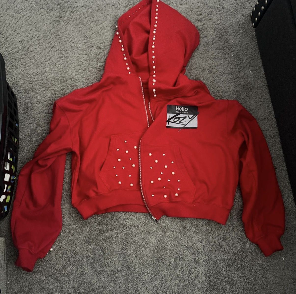 Red Kozy Rhinestone Zip-Up Hoodie