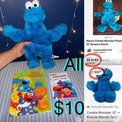 $10 Like new Cookie Monster and brand new coloring book & educational book sesame street