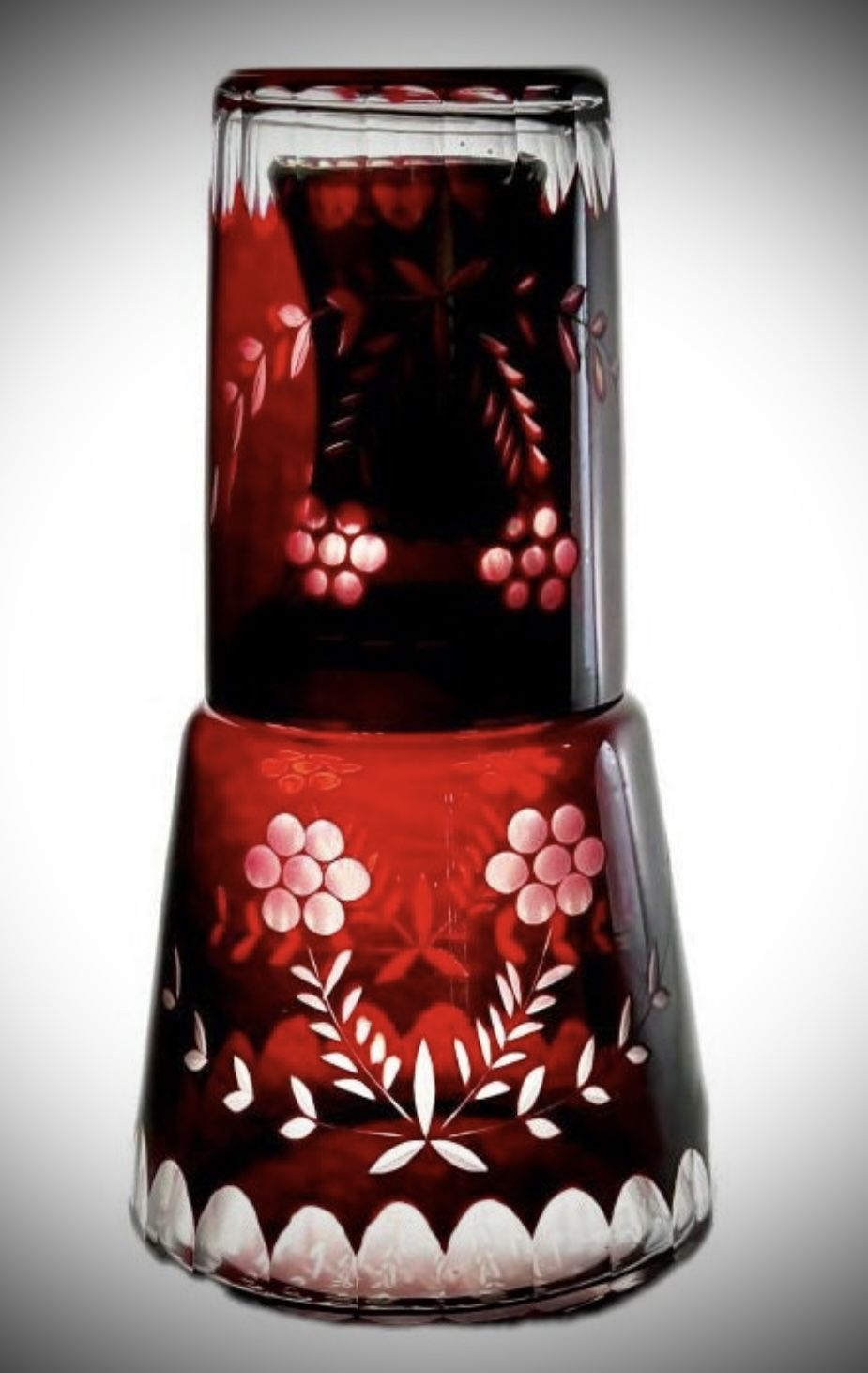 Vintage Bohemian Ruby Red Cut to Clear Carafe & Tumbler Set