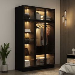 Glass Wardrobe Closet with Lights, Armoires and Wardrobes with Glass Doors and Shelves, Armoire Wardrobe Closet with Hanging Rod, Armoire for Bedroom 