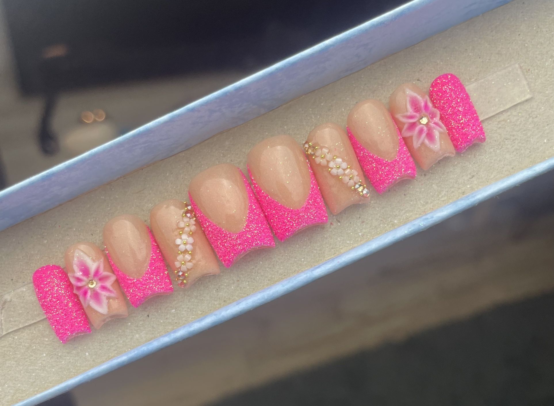 Short square Press on nails rhinestones acrylic flowers pink glitter French tip