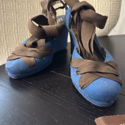 Royal Blue and Brown Espadrilles Wedges - Shoes