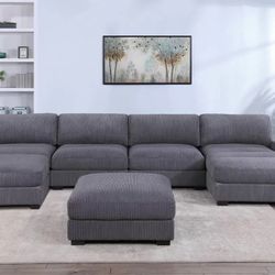 Brand New Grey Super Plush Corduroy Modular Sectional Sofa w Ottoman 