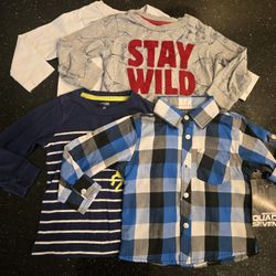 Size 2T, Lot of 4, Toddler Boys Long Sleeved Shirts, Including A New Plaid Blue Button Up Dress Top