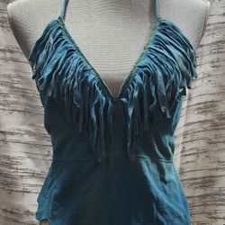 Vintage Turquoise Fringe Leather Halter Top 