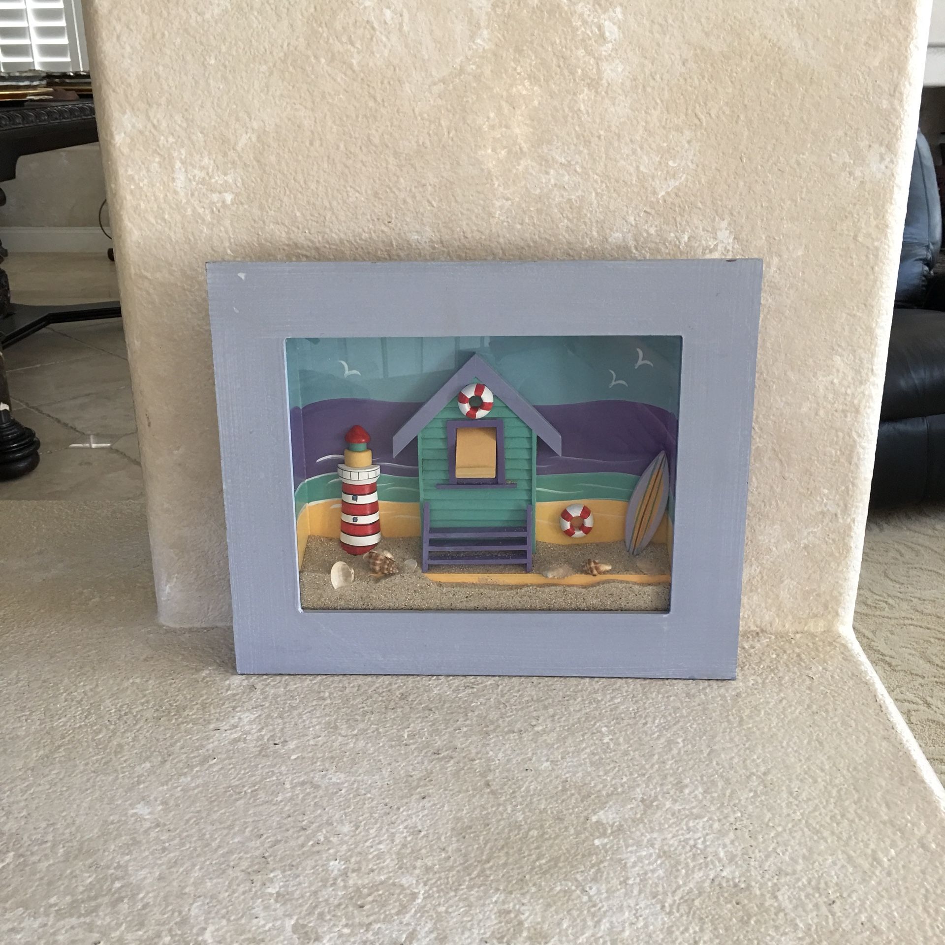 (30% off pick up) NAUTICAL 13.5” x 11” x 2” Wood SHADOWBOX Lighthouse+Sand BEACH+OCEAN Wall DECOR